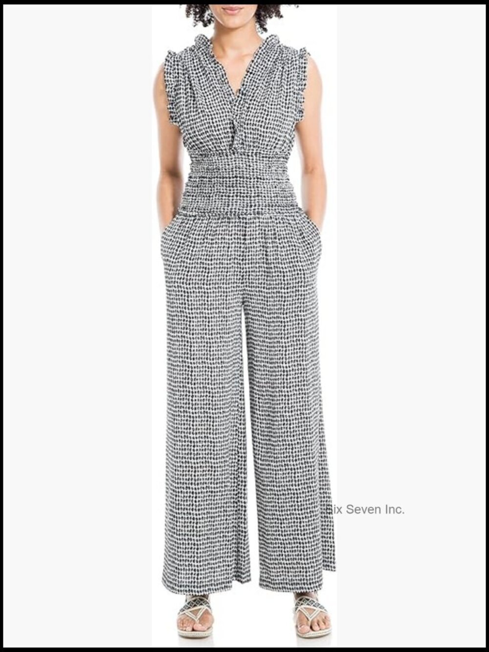 Polyester Spandex Wide Leg Jumpsuit with Smocked Waist and V-Neck